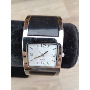 White Dial Silver Tone Case Black Open Cuff Hinge Band Watch 6.5 Inch